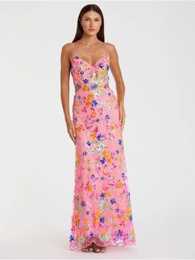 Pink Embellished Lace Strappy Column Gown